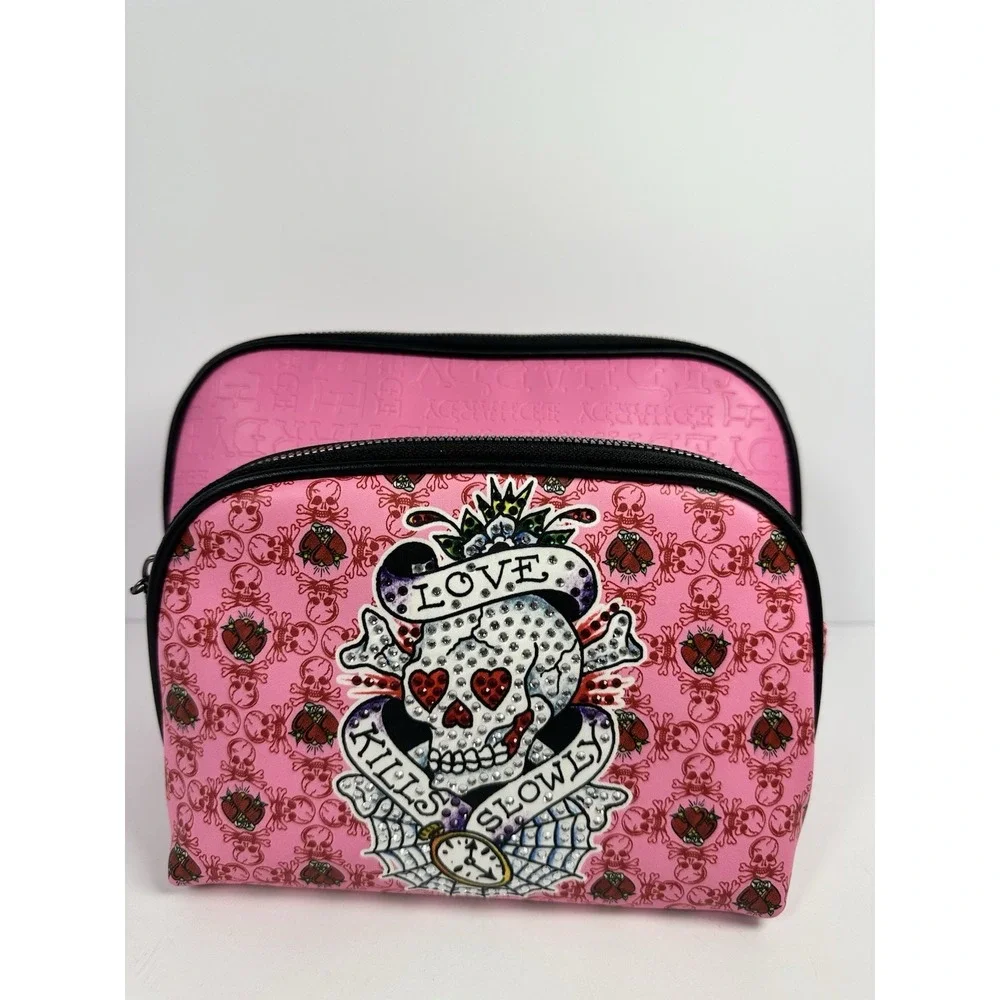 Ed Hardy Pink Skull Heart 2PC Cosmetic Bag Set Rhinestone Makeup Bags NWT